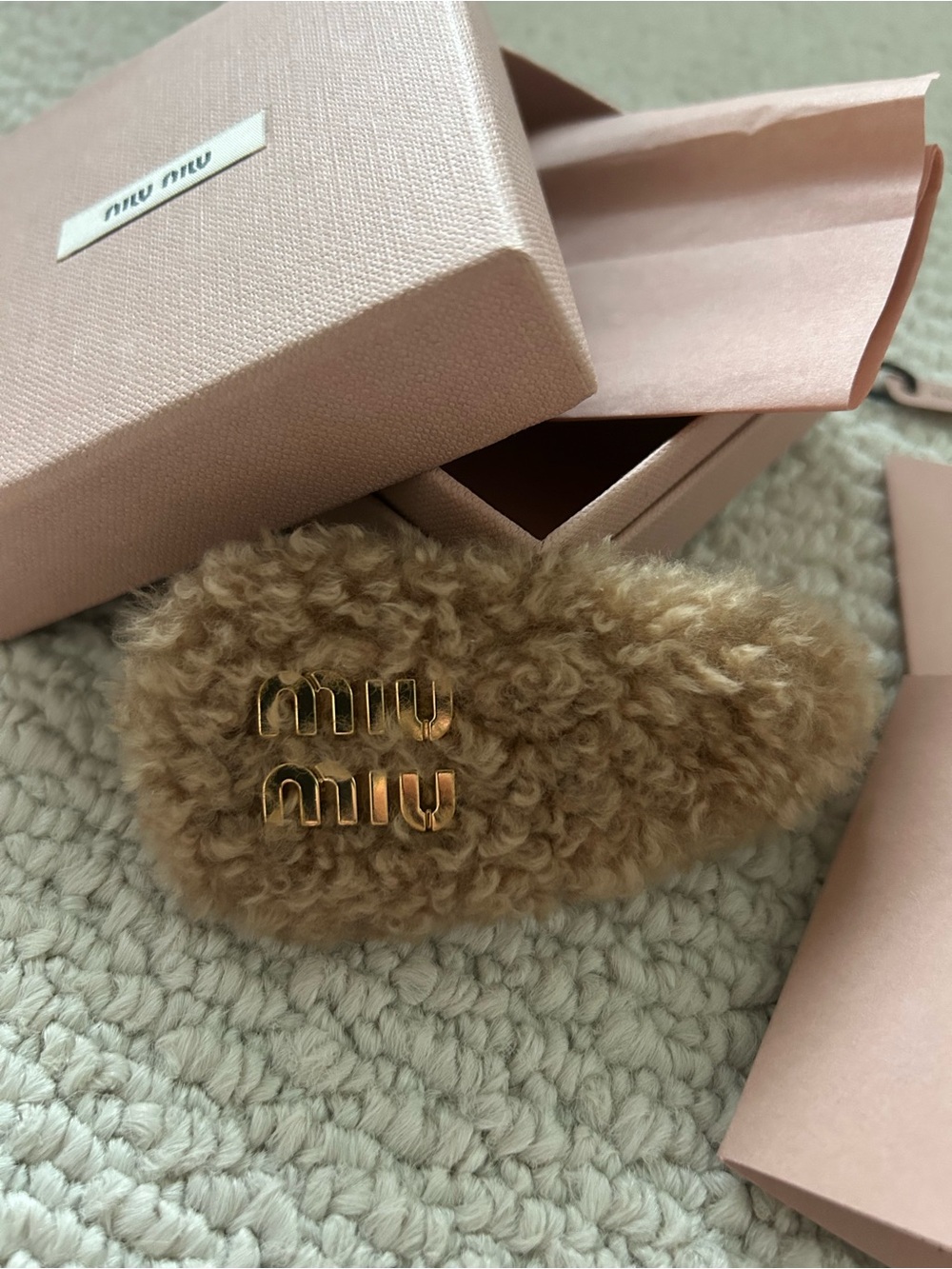 Miu Miu Tan Shearling Barrette with Gold Logos